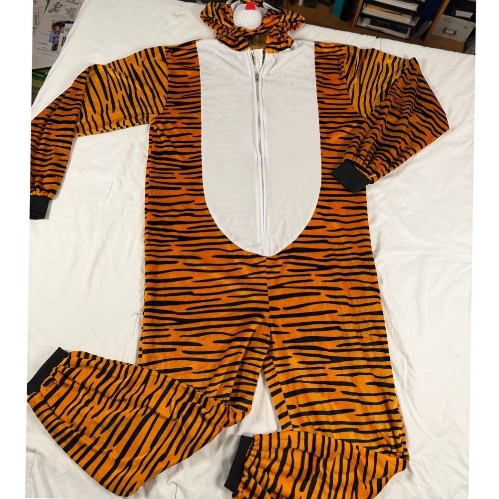 Tiger Animal Onesie Costume Adult L/XL Orange Black Stripe Zip Up Hooded Pajamas